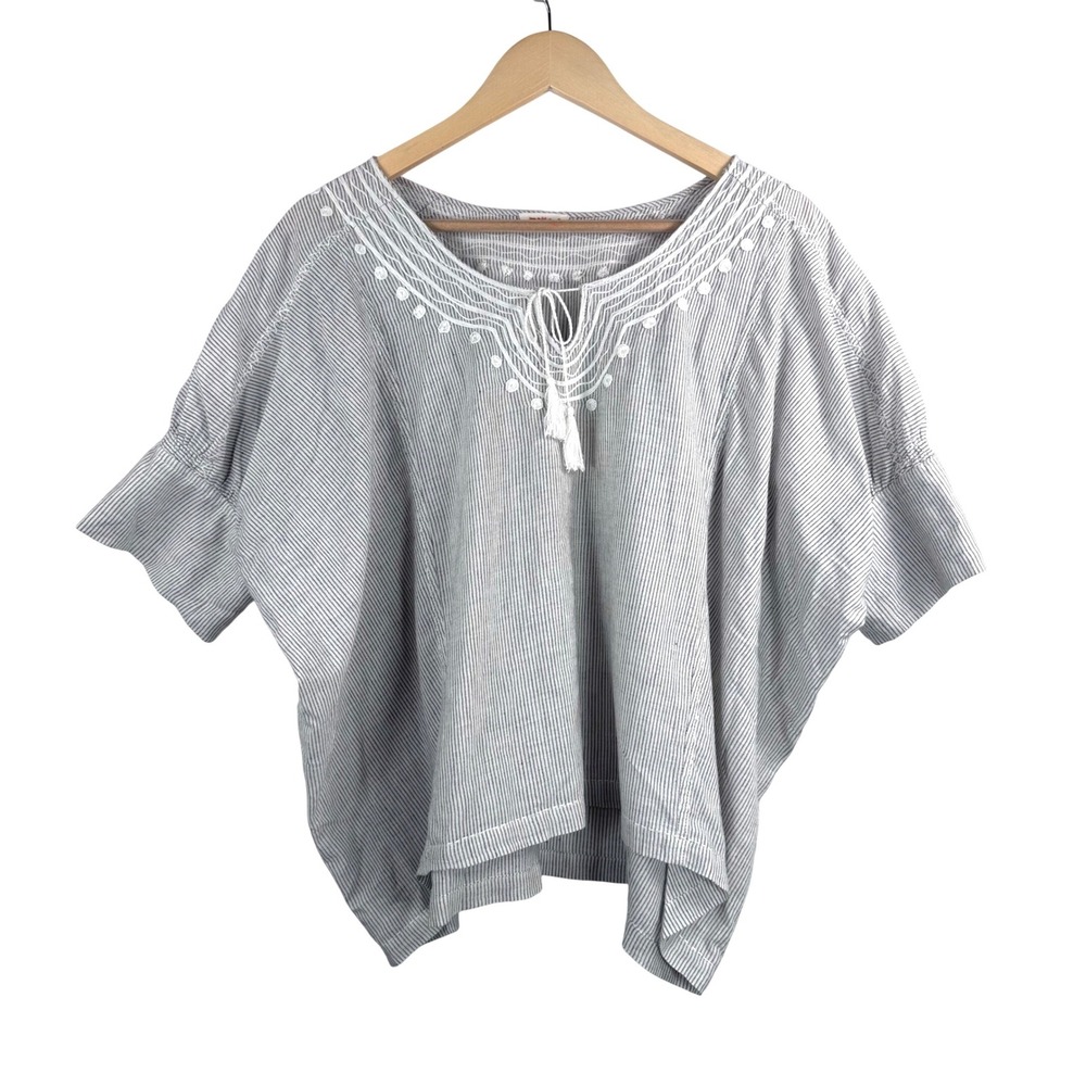 Matta Blouse sz Large Blue White Striped Handloom Cotton Embroidered Lagen look